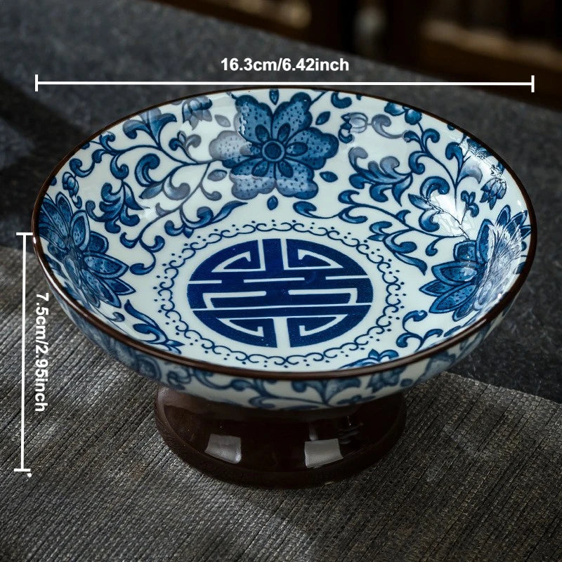 Blue & White Ceramic Dessert Plate – Retro High-Legged Tray