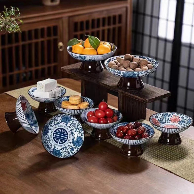Blue & White Ceramic Dessert Plate – Retro High-Legged Tray