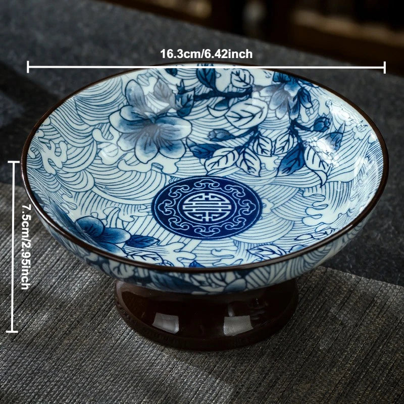 Blue & White Ceramic Dessert Plate – Retro High-Legged Tray