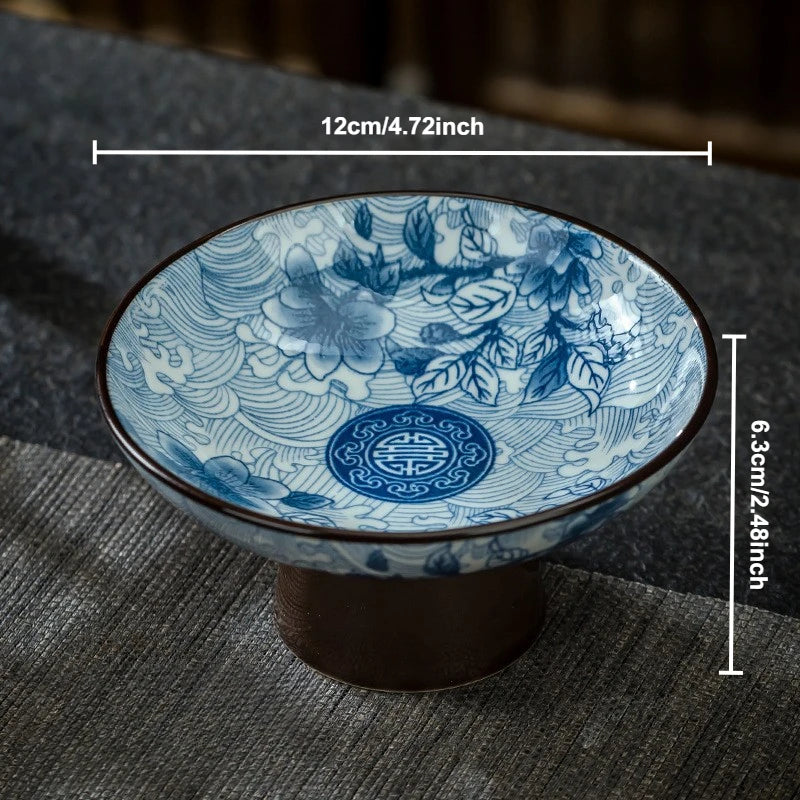 Blue & White Ceramic Dessert Plate – Retro High-Legged Tray