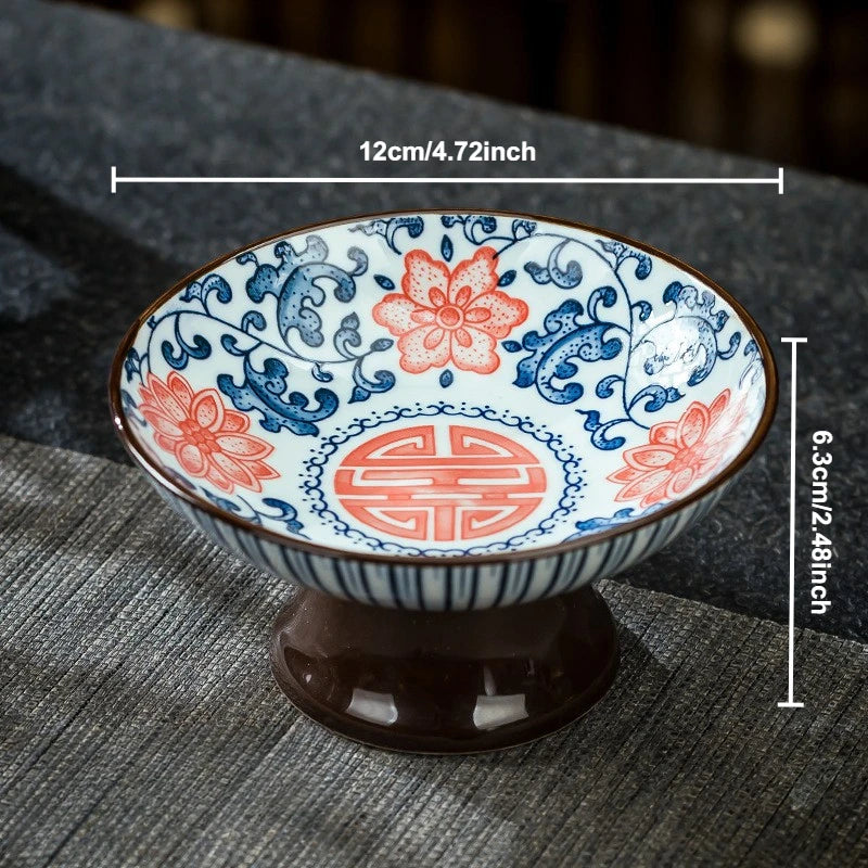 Blue & White Ceramic Dessert Plate – Retro High-Legged Tray