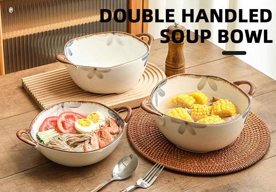 1700ml Ceramic Noodle & Soup Bowl with Handle – Pasta, Salad & Kitchen Tableware