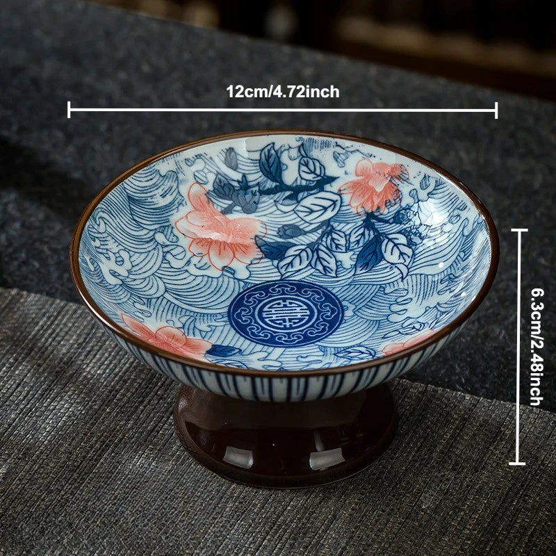 Blue & White Ceramic Dessert Plate – Retro High-Legged Tray