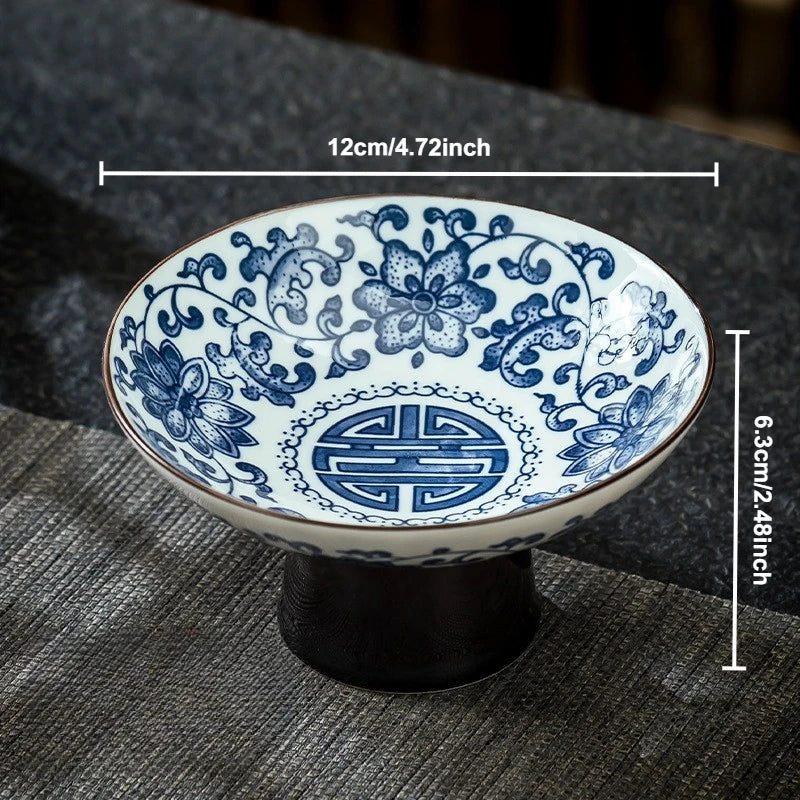 Blue & White Ceramic Dessert Plate – Retro High-Legged Tray