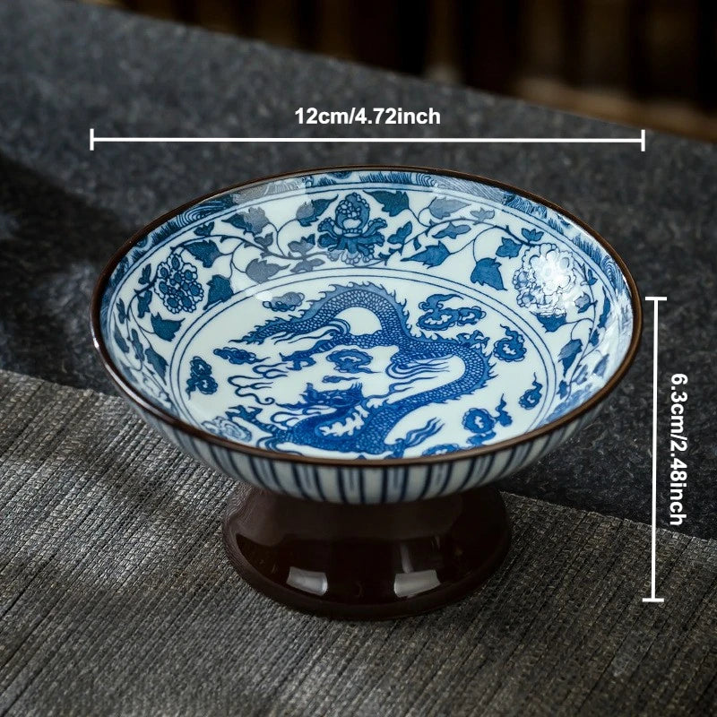 Blue & White Ceramic Dessert Plate – Retro High-Legged Tray