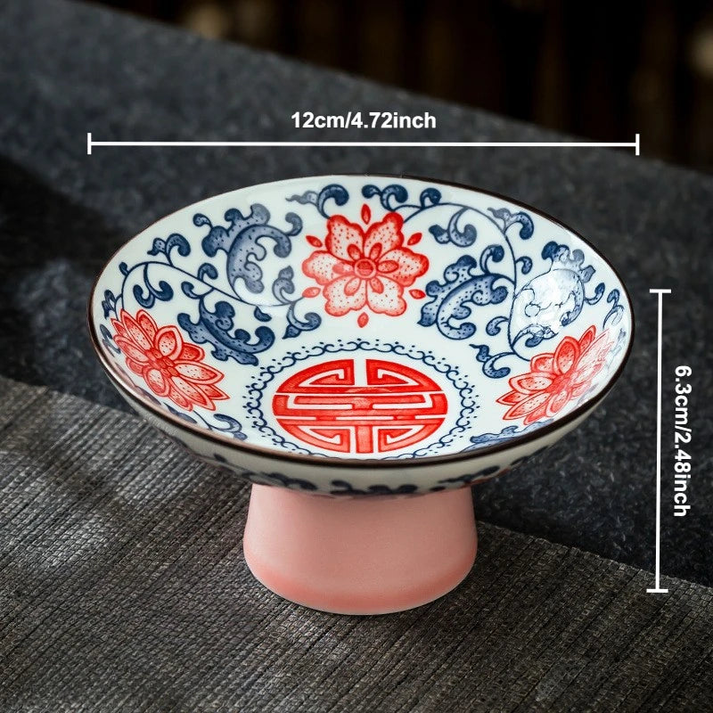 Blue & White Ceramic Dessert Plate – Retro High-Legged Tray