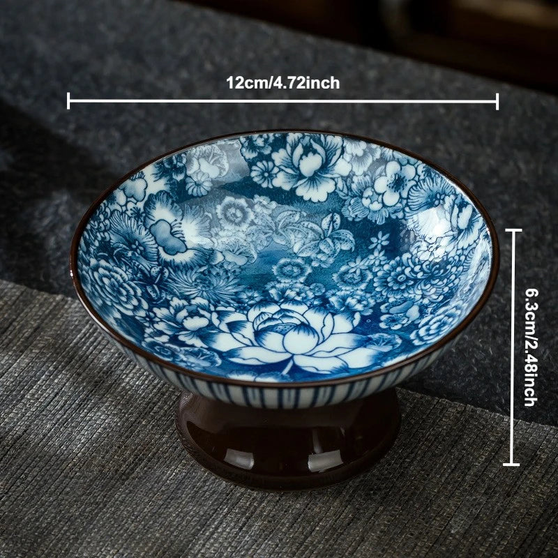Blue & White Ceramic Dessert Plate – Retro High-Legged Tray