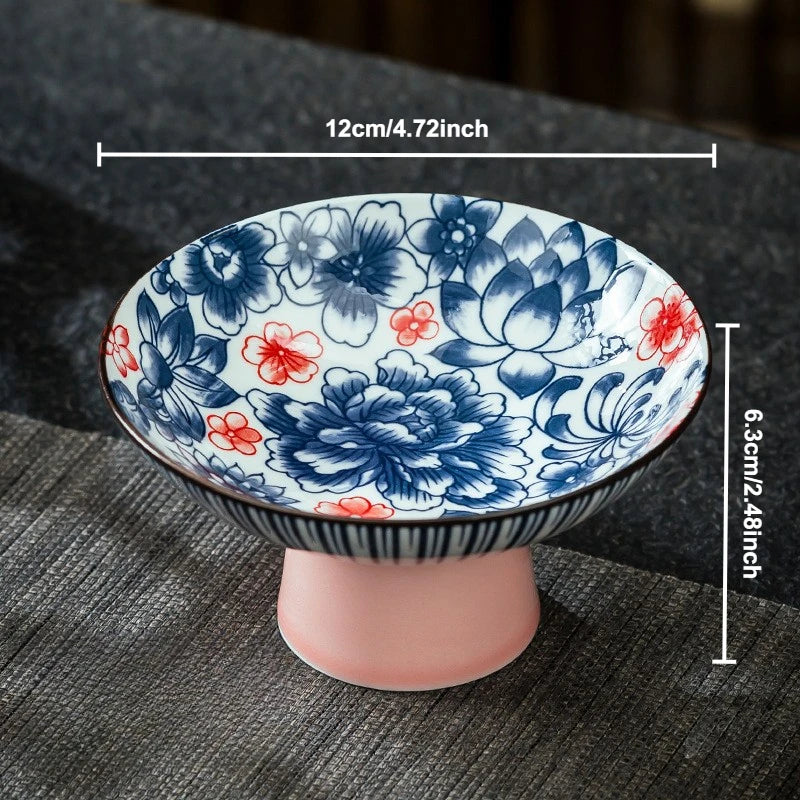 Blue & White Ceramic Dessert Plate – Retro High-Legged Tray