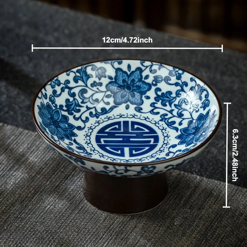 Blue & White Ceramic Dessert Plate – Retro High-Legged Tray