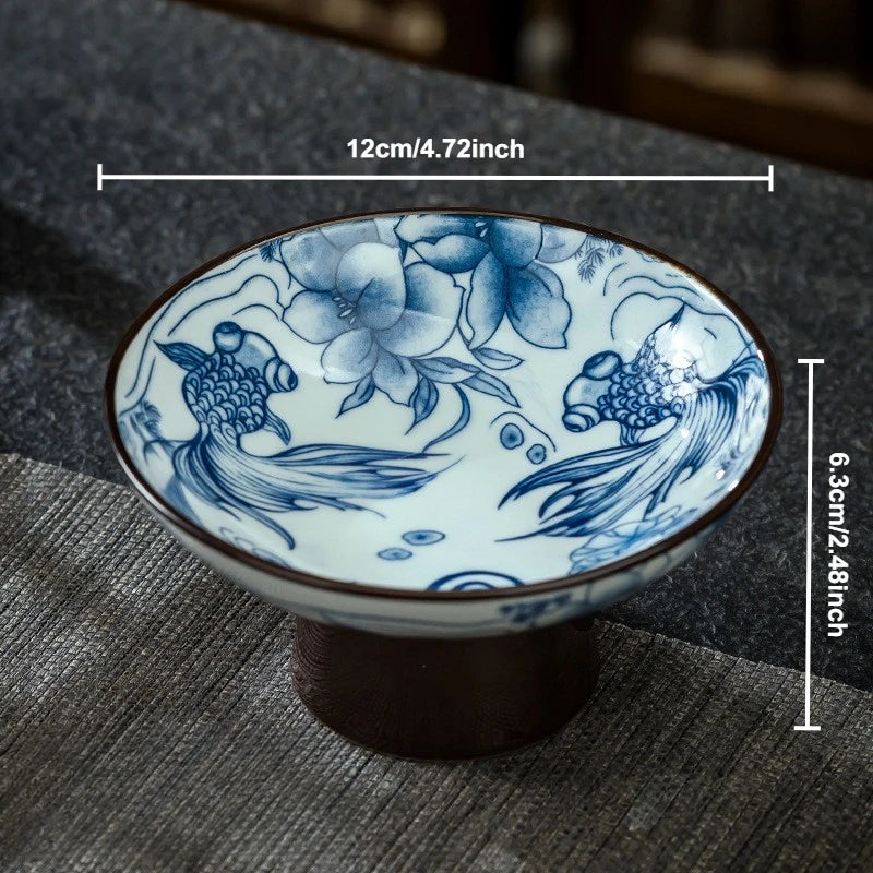 Blue & White Ceramic Dessert Plate – Retro High-Legged Tray