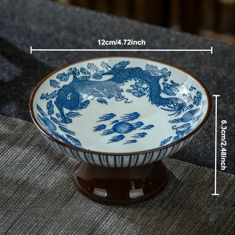 Blue & White Ceramic Dessert Plate – Retro High-Legged Tray