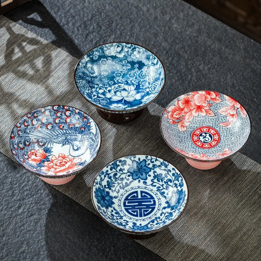 Blue & White Ceramic Dessert Plate – Retro High-Legged Tray