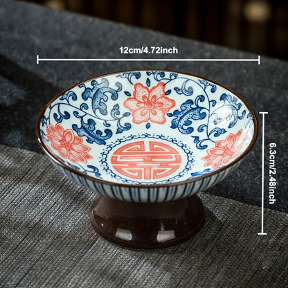 Blue & White Ceramic Dessert Plate – Retro High-Legged Tray