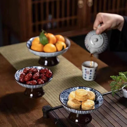 Blue & White Ceramic Dessert Plate – Retro High-Legged Tray
